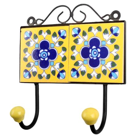 Yellow Navy Blue Floral Tiles Hooks